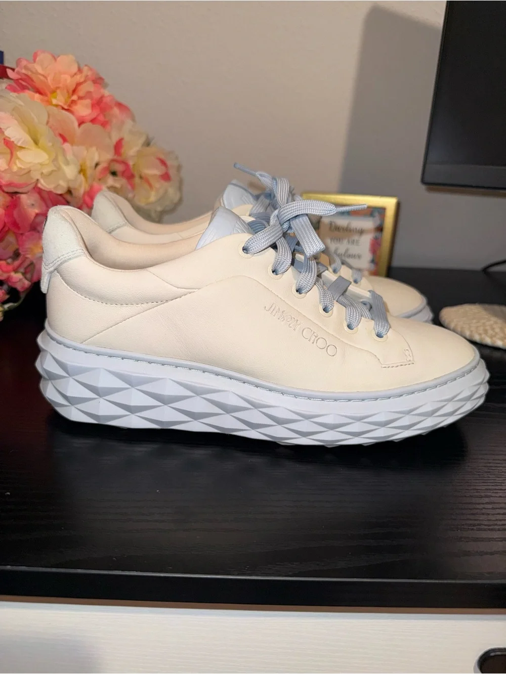 Jimmy Choo Leather Sneakers Platform Cream Blue Lace Up Size 37.5 - Picture 3 of 10